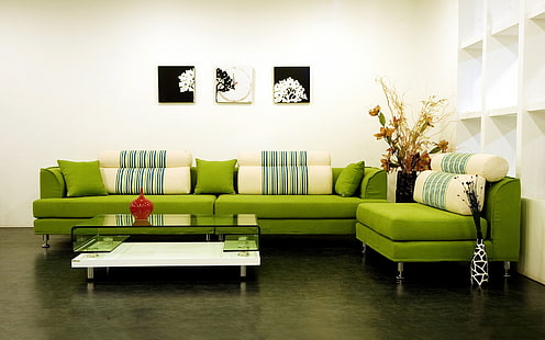 モダンな緑のソファ、リビングルーム、デザイン、背景、家具、 HDデスクトップの壁紙 HD wallpaper