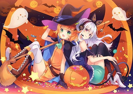 аниме девушки, хэллоуин, шляпы ведьмы, тыквы, призрак, аниме, HD обои HD wallpaper