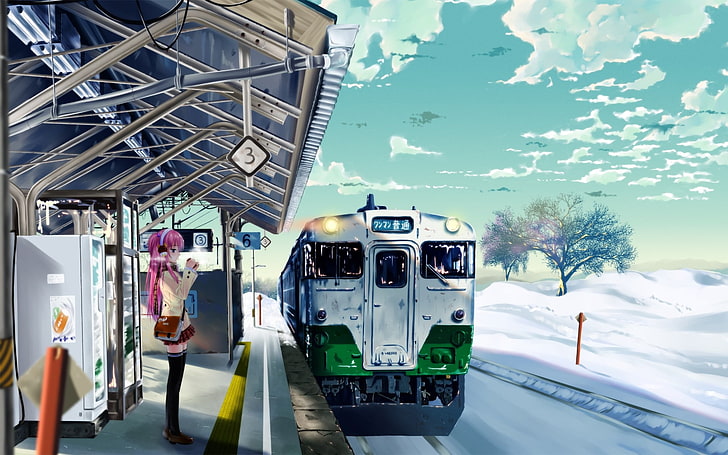 pink-haired female anime character wallpaper, train, winter, anime, train station, women, anime girls, headphones, sky, vehicle, artwork, HD wallpaper