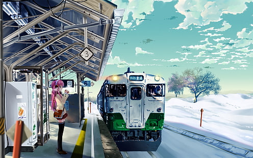 розоволосая женщина аниме персонаж обои, поезд, зима, аниме, вокзал, девушки, аниме девушки, наушники, небо, автомобиль, произведение искусства, HD обои HD wallpaper