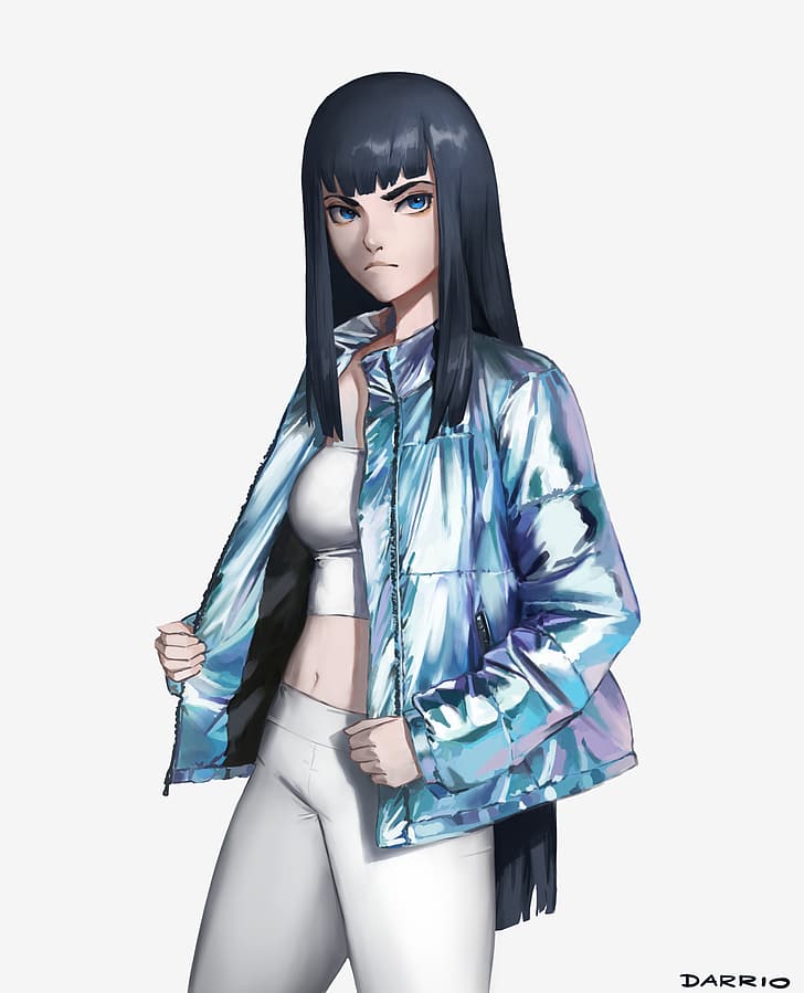 Kill la Kill, yoga pants, thick eyebrows, belly, blue eyes, black hair, thighs, blue jacket, crop top, anime girls, white tank top, solo, long hair, frown, shiny clothing, standing, Kiryuin Satsuki, looking at viewer, vertical, 2D, anime, fan art, simple background, blunt bangs, hime cut, alternate costume, small boobs, open jacket, artwork, Darrio, HD wallpaper