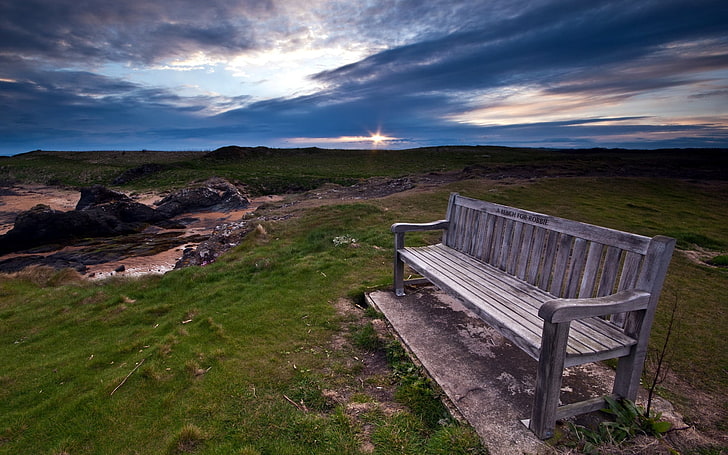 gray wooden bench, bench, mountains, evening, cloudy, hills, grass, HD wallpaper