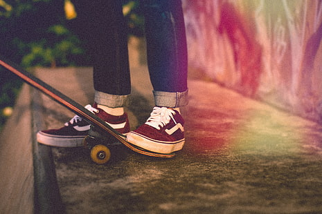 pair of black Vans Old Skool sneakers, skateboard, legs, sneakers, hobby, HD wallpaper HD wallpaper