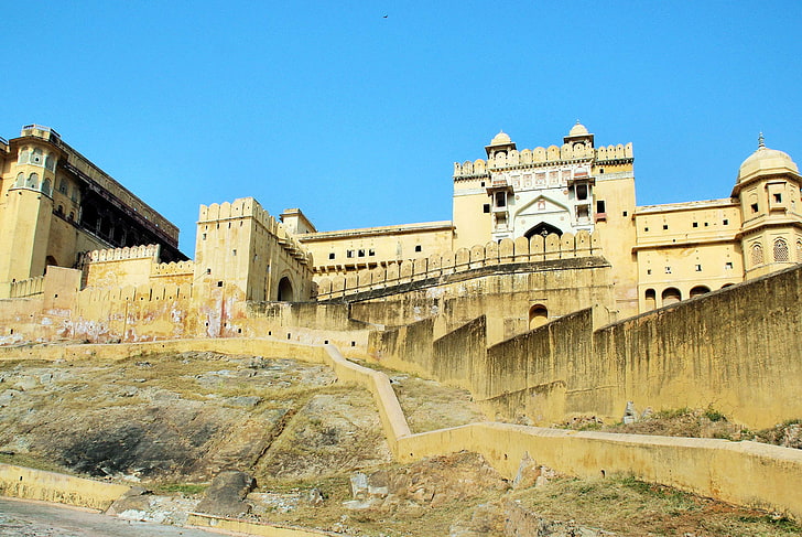 amber, architecture, columns, facade, fortress, india, maharajah, monument, mughal, palace, HD wallpaper