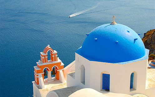 Rumah di Yunani, gereja kubah biru di Yunani santorini, dunia, 1920x1200, rumah, Yunani, Wallpaper HD HD wallpaper