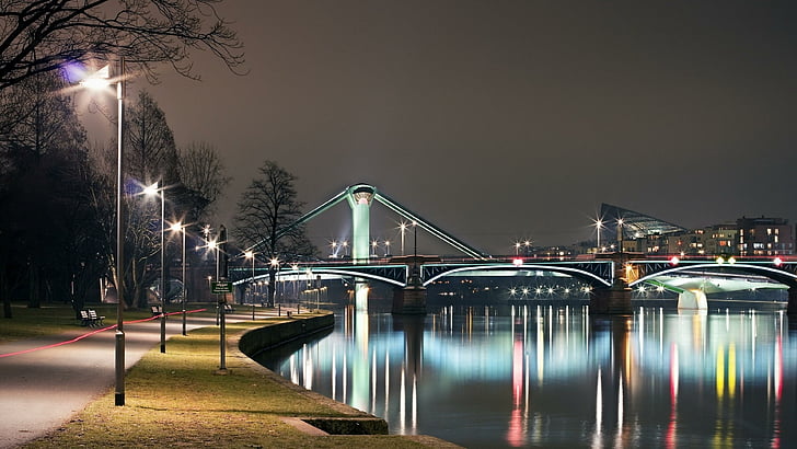 мост, ночь, река, лодка, огни, парк, HD обои
