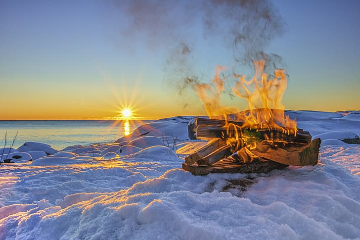 snow, Norway, wood, the fire, Arendal, Raet National Park, HD wallpaper