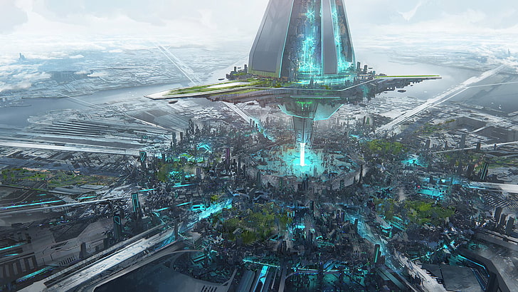 خلفية لعبة مدينة خضراء وزرقاء ، فن رقمي ، خيال علمي ، بناء ، مدينة ، مستقبلية، خلفية HD