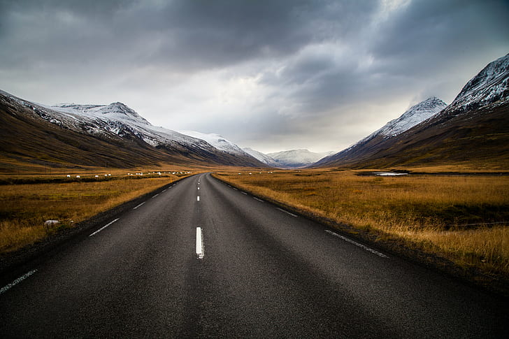 black concrete road, brown grass field and white and black snow mountains, concrete road, brown, grass, field, white, black snow, snow mountains, iceland, islandia, cloudy, nature, road, mountain, landscape, highway, scenics, travel, asphalt, outdoors, cloud - Sky, no People, HD wallpaper