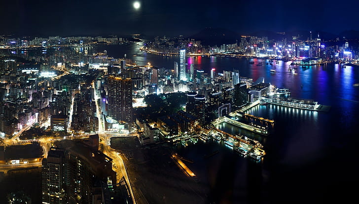 pejzaż miejski, noc, Hongkong, Tapety HD