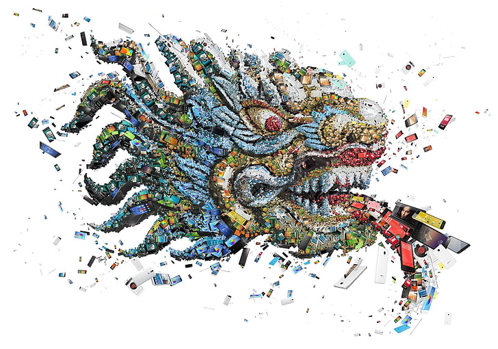 Carta da parati illustrazione drago, arte digitale, cinese, drago, viso, cellulare, tecnologia, collage, mosaico, occhi rossi, denti, sfondo bianco, Sfondo HD