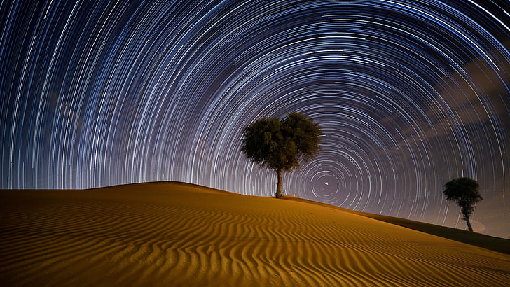 砂漠、夜、星の軌跡、ドバイ、 HDデスクトップの壁紙