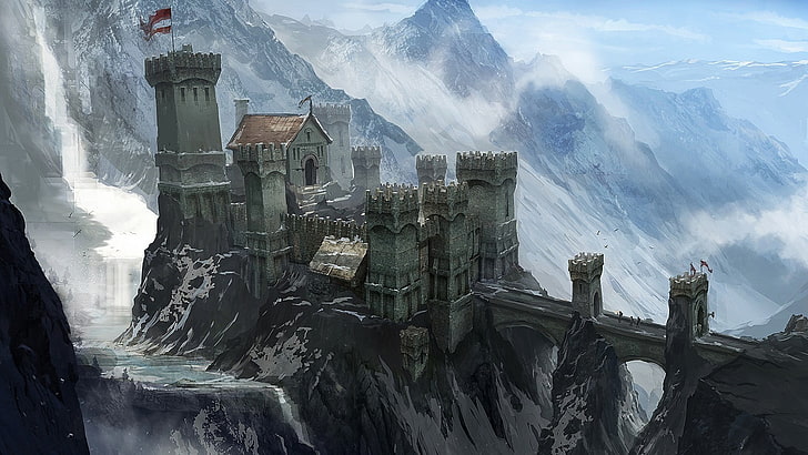 ilustração de castelo, castelo de concreto cinza na montanha coberta de neve, Dragon Age, Inquisição da Era do Dragão, Skyhold (Inquisição da Era do Dragão), arte de fantasia, paisagem, videogames, Dragon Age: Inquisition, HD papel de parede