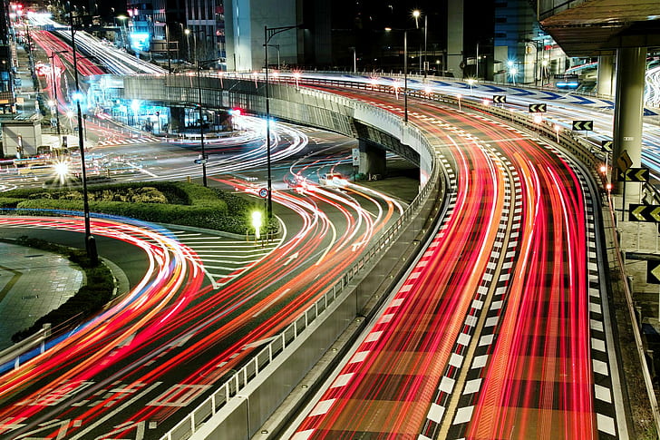 道路、長時間露光、光の道、日本、都市景観、 HDデスクトップの壁紙