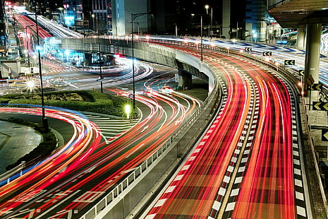 дорога, длительная выдержка, световые трассы, Япония, городской пейзаж, HD обои HD wallpaper