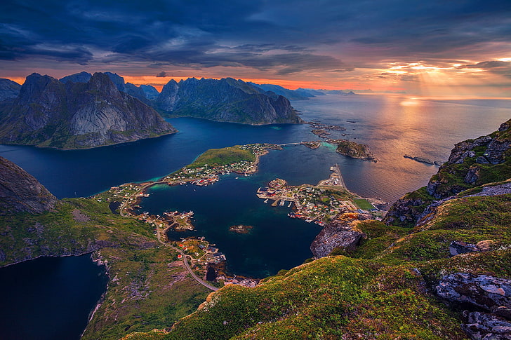 pulau dan badan wallpaper air, laut, Norwegia, Kepulauan Lofoten, Wallpaper HD