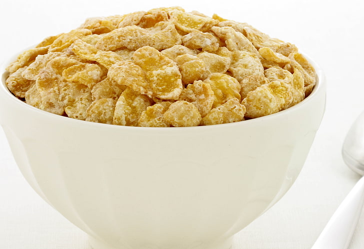 wheat cereal, bowl, flake, white, spoon, HD wallpaper