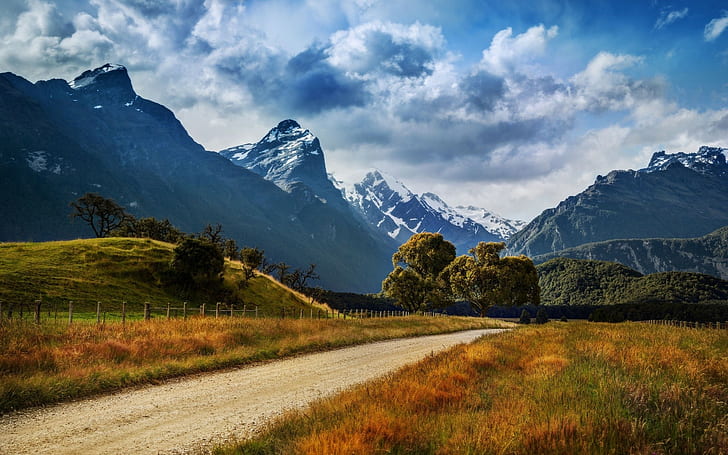alam, lanskap, pegunungan, jalan, pohon, Selandia Baru, Wallpaper HD