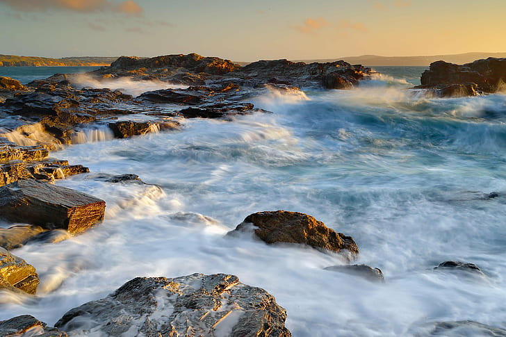 klippor på stranden, inkommande tidvatten, stenar, kust, hav, himmel, kust, gwithian, Cornwall, strand, strand, strandlinje, vågor, natur, solnedgång, sten - objekt, landskap, scenics, vatten, kust, blå, våg, utomhus , skönhet i naturen, HD tapet