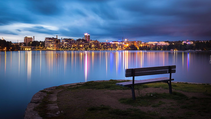 dusk, europe, tampere, finland, lake, cloud, reflection, evening, horizon, bench, night, city, skyline, sky, nature, cityscape, water, HD wallpaper