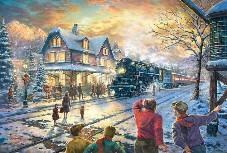 malowanie ludzi w pobliżu pociągu i brązowego domu zimą, zimą, śniegiem, światełkami, domem, urlopem, pociągiem, świerkiem, dworcem, wieczorem, boże narodzenie, kolej, nowy rok, drzewo, malowanie, święty Mikołaj, girlanda, Thomas Kinkade, wszystko Na pokładzie na Boże Narodzenie, Lionelville, Tapety HD