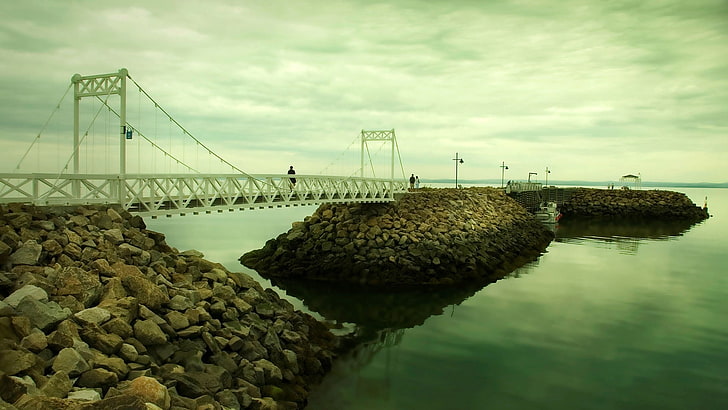 white steel bridge, bridge, river, sky, evening, stones, HD wallpaper