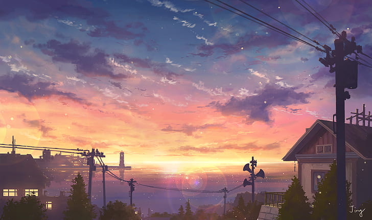 Anime, Original, Oceano, Pôr do sol, Cidade, HD papel de parede