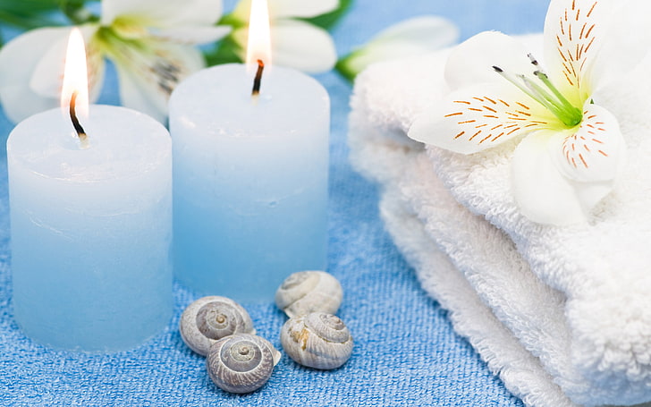 two white candles, flowers, flame, tenderness, towel, candles, Spa, HD wallpaper