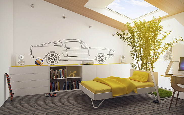 design, style, room, interior, white, yellow, children's, kids room, HD wallpaper