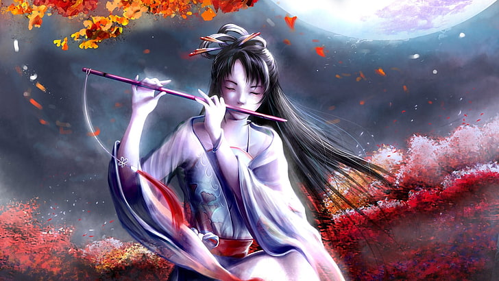 anime art, anime girl, cg artwork, schwarzes haar, himmel, tussi, abbildung, flöte, frau, nacht, herbst, mond, HD-Hintergrundbild