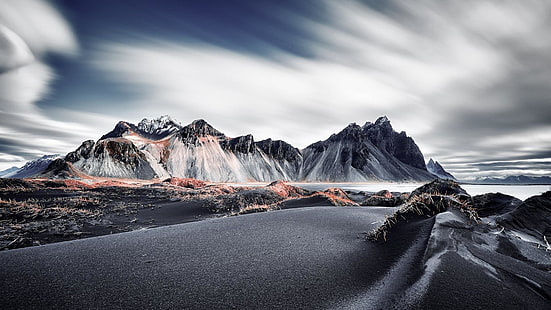 アイスランド、ベストラホルン、山、雲、山、岩、風景、氷河地形、ヴァトナジョクル国立公園、サミット、空、ベストラホルン山、ストッキネス半島、ストッキネス、黒い砂、国立公園、 HDデスクトップの壁紙 HD wallpaper