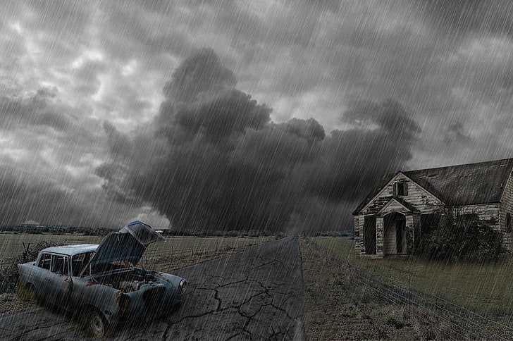 пейзаж, дъжд, стара сграда, стара кола, път, буря, HD тапет