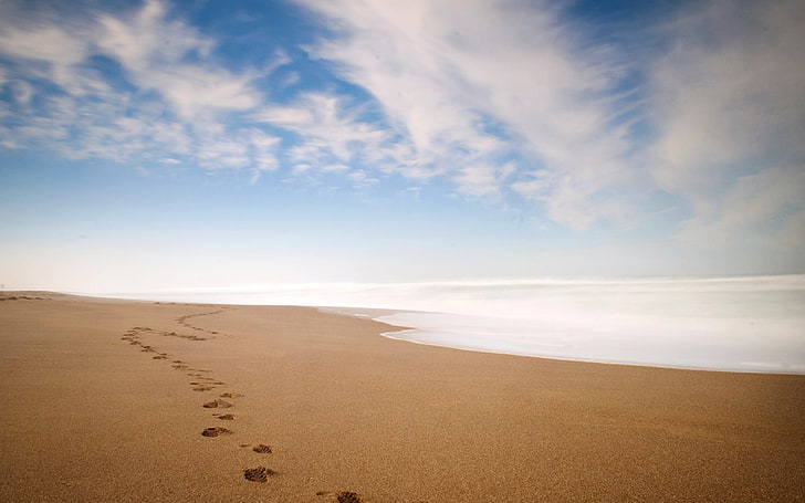 beach, sky, footprints, clouds, sea, sand, HD wallpaper