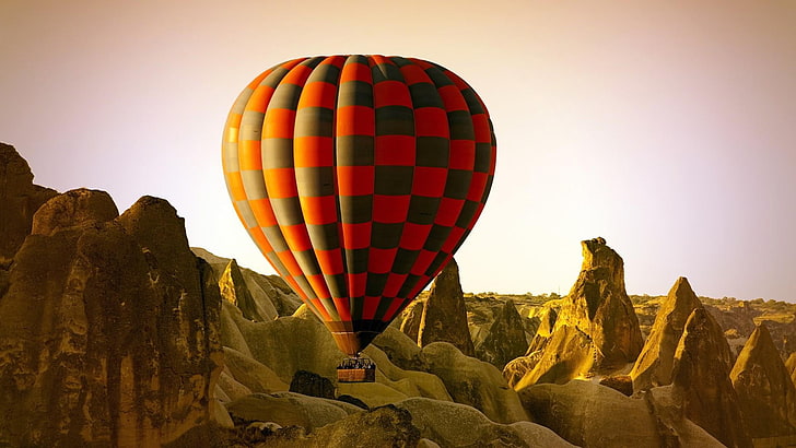 baloon, red, retro, sun, summer, adventure, fall, excited, cliffs, nature, HD wallpaper