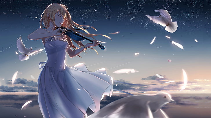 kobieca postać z anime grająca na skrzypcach, graficzna tapeta, Shigatsu wa Kimi no Uso, Miyazono Kaori, Tapety HD