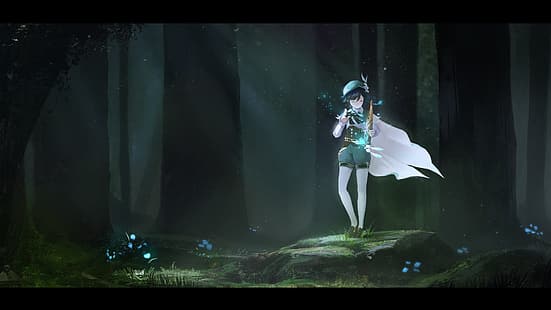 Anime-Spiele, Genshin Impact, Venti (Genshin Impact), Anime Boys, Wald, Lichteffekte, HD-Hintergrundbild HD wallpaper