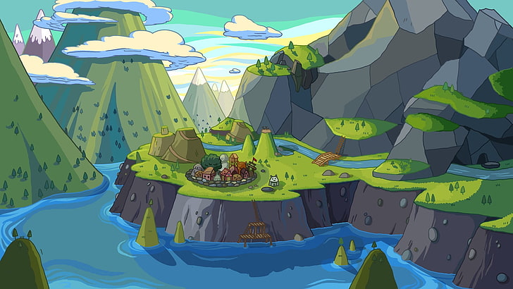 зелен остров и илюстрация със синя вода, Време за приключения, HD тапет