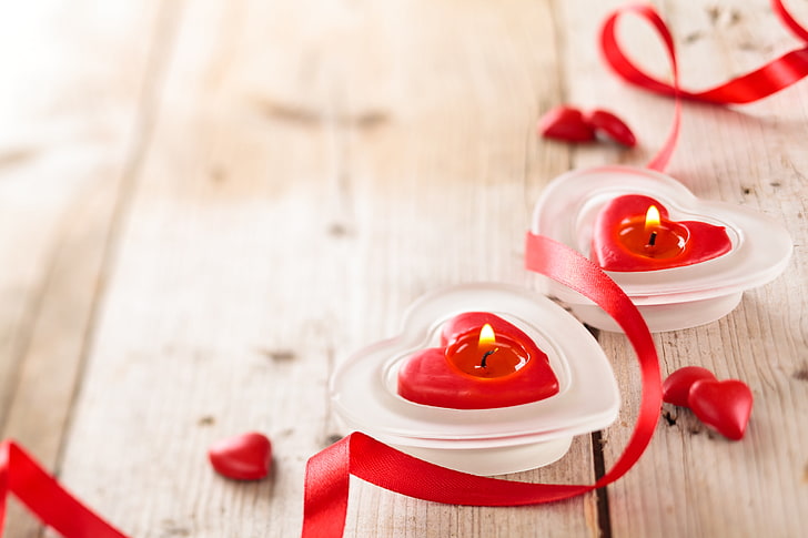 two red and white candle holders, heart, candles, love, romantic, Valentine's Day, HD wallpaper