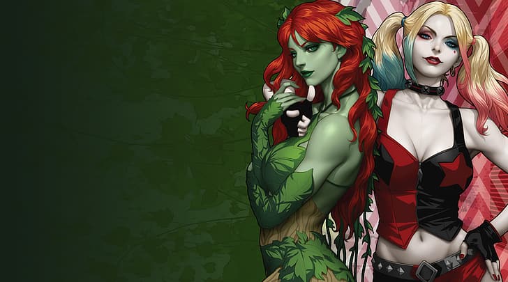 Poison Ivy, Harley Quinn, Artgerm, DC Comics, verde, folhas, super-heroínas, vilões, anti-heróis, HD papel de parede