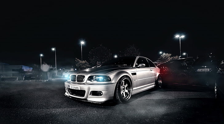 silver BMW coupe, BMW, night, front, E46, silvery, HD wallpaper