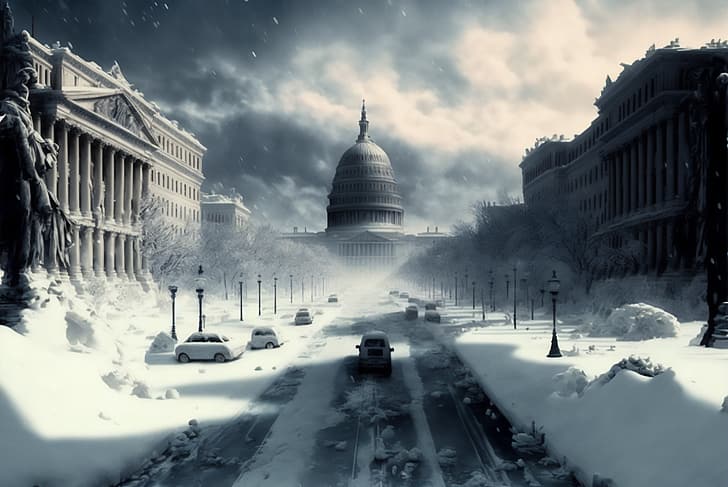 AI арт, зима, снег, город, Вашингтон, Капитолий США, HD обои