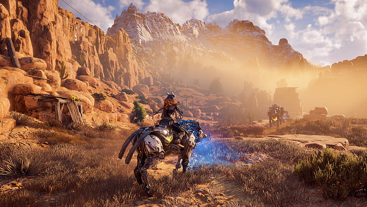 человек верхом на лошади возле альпийских гор, обои Horizon: Zero Dawn, научная фантастика, PlayStation 4, видеоигры, Aloy (Horizon: Zero Dawn), HD обои