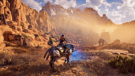 человек верхом на лошади возле альпийских гор, обои Horizon: Zero Dawn, научная фантастика, PlayStation 4, видеоигры, Aloy (Horizon: Zero Dawn), HD обои HD wallpaper