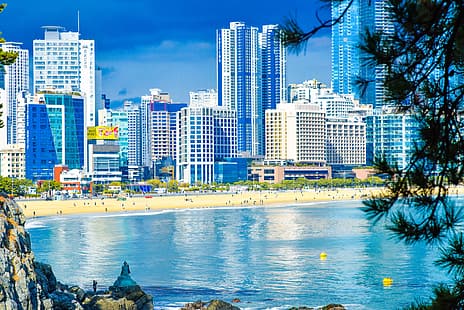 Busan, Corea del Sur, skyscape, edificio, espuma de mar, paisaje, Fondo de pantalla HD HD wallpaper