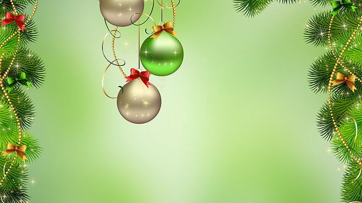 Ilustración de adornos navideños de plata y verde, adornos navideños, año nuevo, navidad, bolas, Fondo de pantalla HD