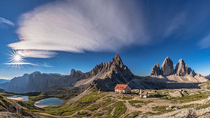 空、山、家、イタリア、湖、ドロミテ、ドロミテ、ラバレドの3つの峰、パテルノ山、トレチーメディラバレド、モンテパテルノ、 HDデスクトップの壁紙