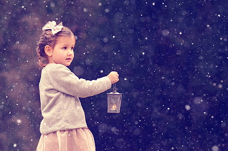Фотография, дете, сладко, момиче, фенер, сняг, HD тапет HD wallpaper