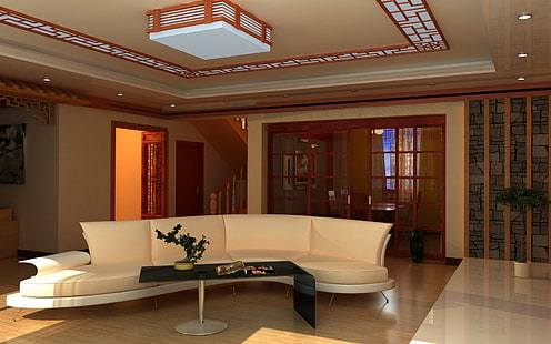 أريكة مقطعية من الجلد الأبيض ، وأريكة ، وغرفة معيشة ، وأثاث ، وداخلية، خلفية HD HD wallpaper