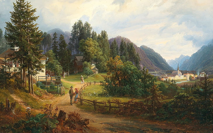 1851, österrikisk målare, utsikt över Bad Ischl, utsikt över dåliga Ischl, Anton Schiffer, HD tapet