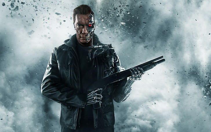 Terminator: Genisys cyborg, Terminator Arnold Schwarzenegger, Terminator: Genisys, fantasia, Arnold Schwarzenegger, Terminator, Cyborg, um robô, uma jaqueta, uma arma, uma espingarda, fumaça, cinzas, pôster, HD papel de parede